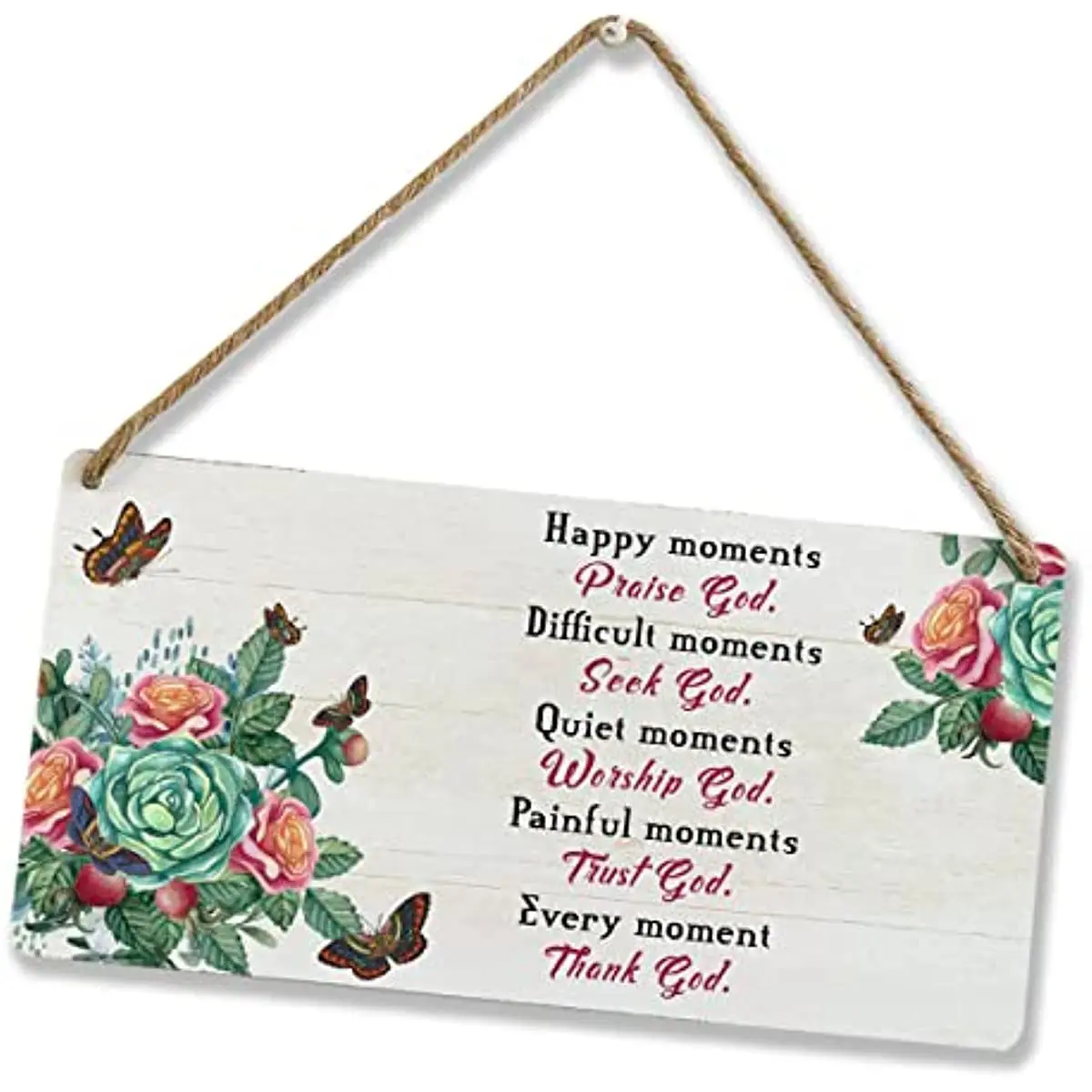 Country Motivational Wooden Plaque Sign Decor Happy Moments Praise God Christian Hanging Wooden Plaque Floral Butterfly