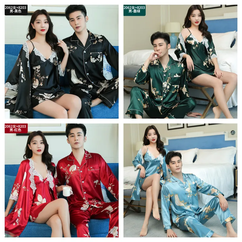 2024 new couple ice silk pajamas spring long-sleeved men's trousers silk pajamas women's bathrobes suspenders home clothes