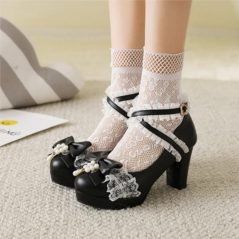 

Women Mary Jane Pumps Cross Strap High Heels Party Wedding Cosplay White Pink Black Strawberry Bow Princess Cosplay Lolita Shoes