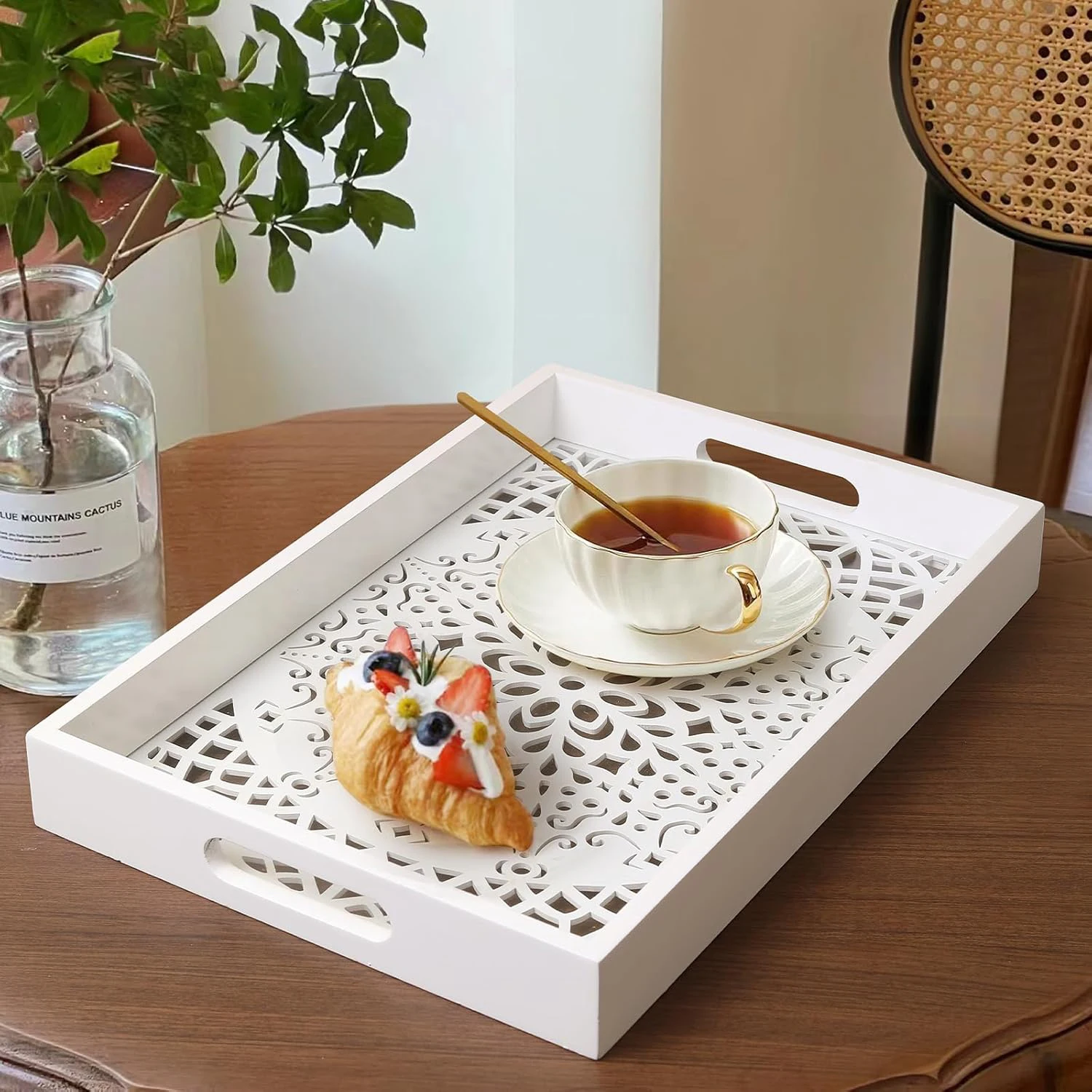 Wood Rectangle Tray with Handles Bohomian Style Coffee Table Tray Ottoman Candles Perfume for Home Decoration