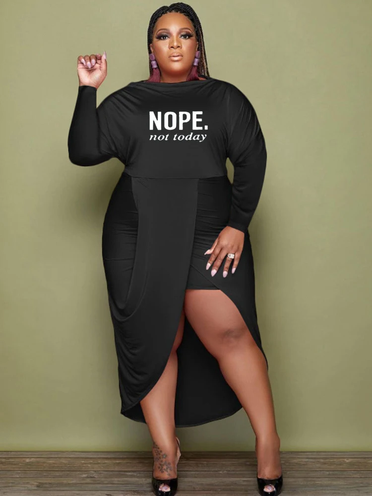 

ZJFZML ZZ Plus Size Letter Print Irregular Dress Autumn Women's Clothing Crewneck Long Sleeve High Low Hemline Party Club Dress