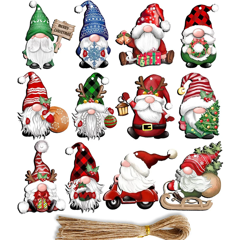 Christmas Wooden Santa Claus Multi Noface Santa Hanging Pendants Xmas Party Kids New Year Gifts Wrapping Supply 12pcs/set