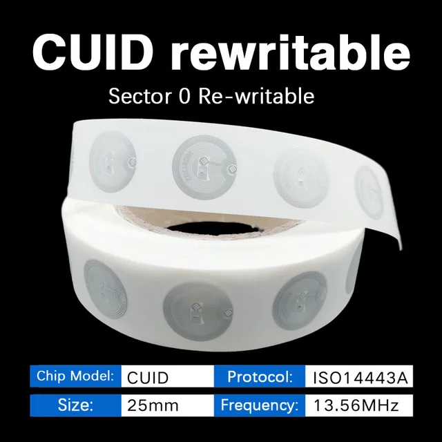 13.56mhz CUID changeable S50 1K RFID Sticker Wet Inlay NFC tag Sector 0 Block 0 UID Rewritable Proximity Card Copy Badge Clone 1