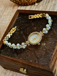 Elegant Gold Rhinestone - Inlaid Ladies Quartz Watch with Pearls and Oval Dial (Gold)