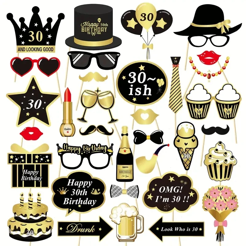 Party Photo Props 34pcs Black Gold Birthday For 18-year-old Boys and Girls Party Decoration