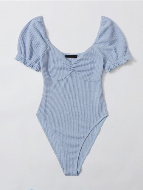 Puff Sleeve Ruched Bust Rib-knit Female Bodysuit Woman Clothes Bodycon Sexy Bodysuits Bodies For Women боди женское