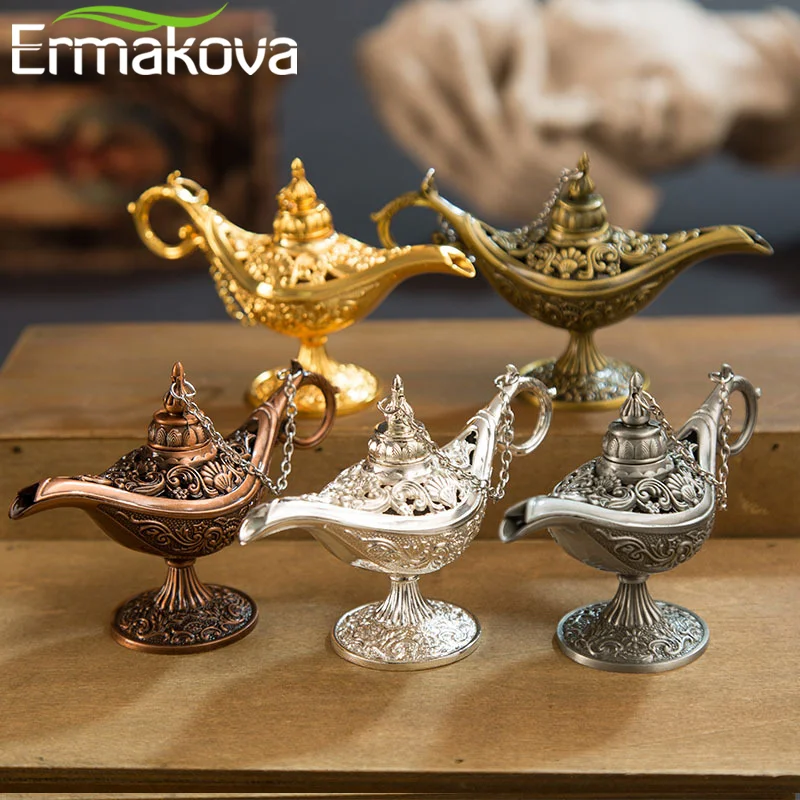 Ermakova 12Cm(4.7 ")Classic Rare Hollow Legend Aladdin Magic Genie Lamps Bruciatori Di Incenso Retro Wishing Oil Lamp Home Decor Gift