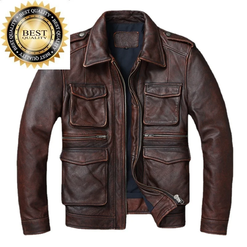 

Vintage Luxury Overcoat Design Biker Genuine Leather Jacket Jaqueta Couro Men Motorcycle Jackets Veste Homme 2A