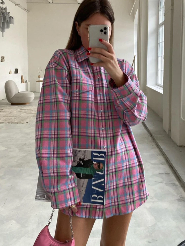 TARUXY Plaid Blouse Women Pink Retro Casual Loose Long Sleeve Womens Tops Autumn Trun Down Fashion Cotton Shirts Ladies Autumn womens formal wear women pantsuits pink women ladies custom made business office tuxedos formal work wear suits custom made