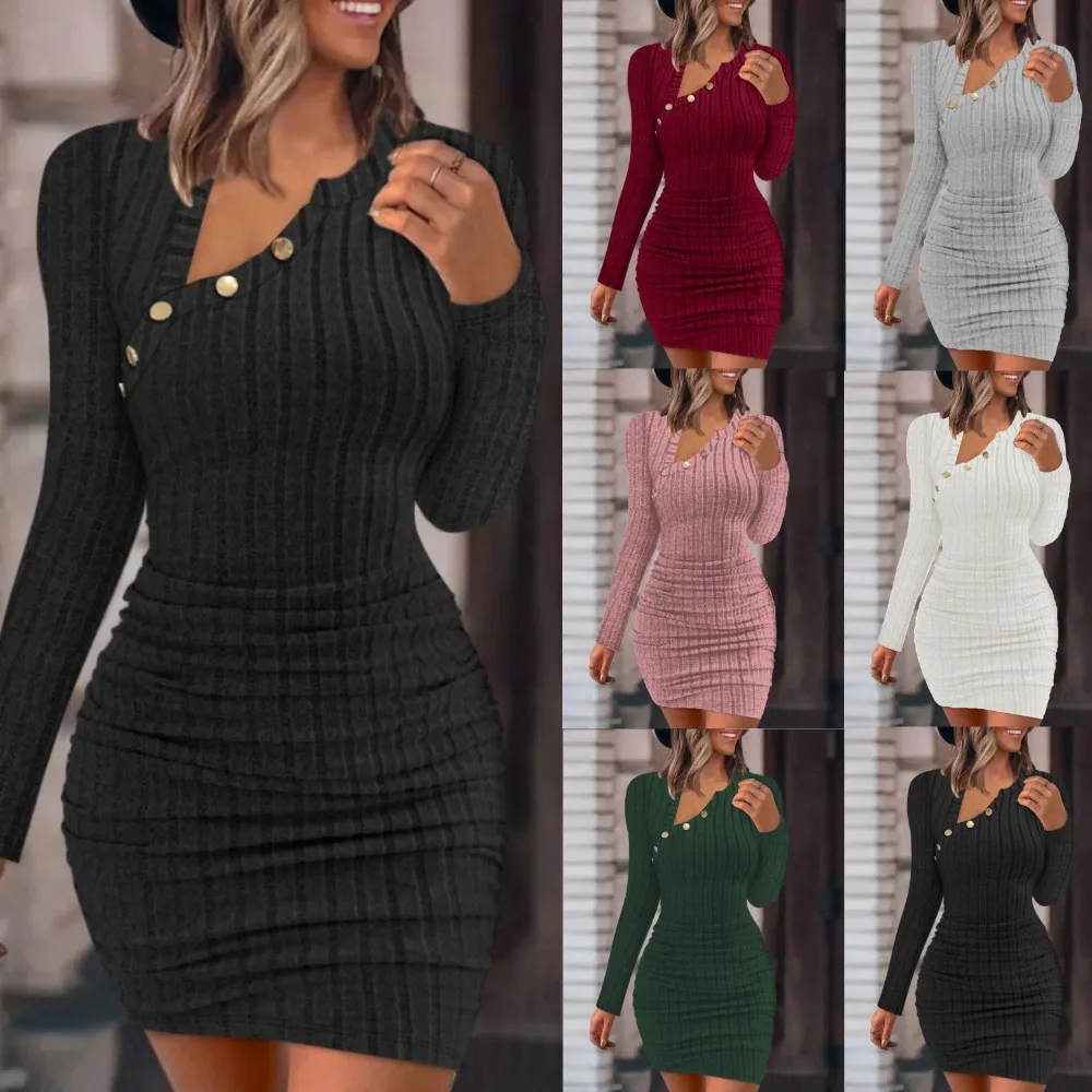 

Autumn Winter Women's Pure Color Fashion Slim Sexy&Club Casual Slim Buttons Long-sleeved Dress Street 2023 Party Bodycon Dress