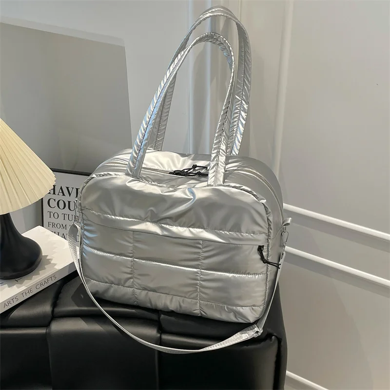 Korean Style Bright Tote Bag Shoulder Bag Plaid Cloud Crossbody Bag Silver Large Capacity Nylon Handbag