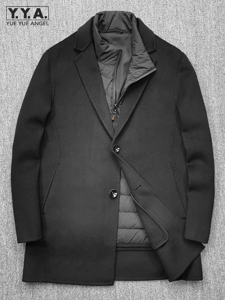 Mens Mid Long Woolen Blends Coat Down Vest Lining Two Piece Business Work Trench Single Breasted Slim Fit Wool Windbreaker Coat