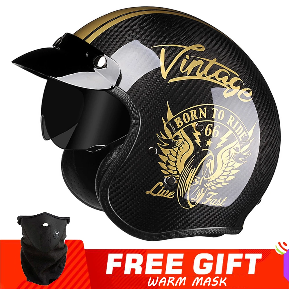 

Мотошлем DOT ECE с открытым лицом, винтажный шлем из углеродного волокна в стиле ретро, для езды на мотоцикле и скутере