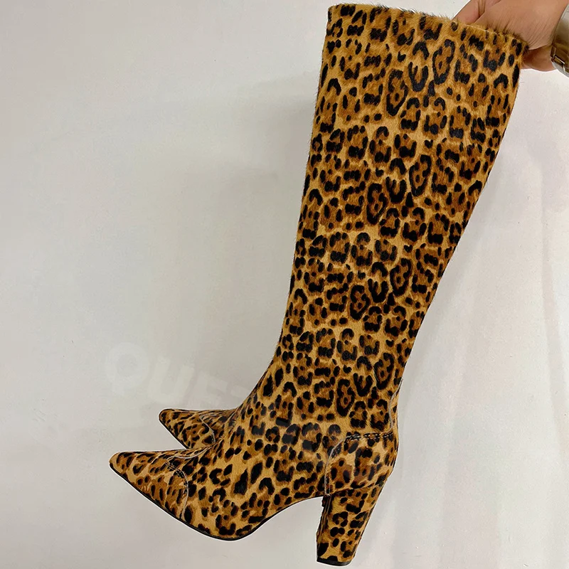 

Women Long Boots Spring Autumn New Genuine Leather Upper Pointed Toe Mixed Colors High Boots Fashion Temperament High Heel Shoes