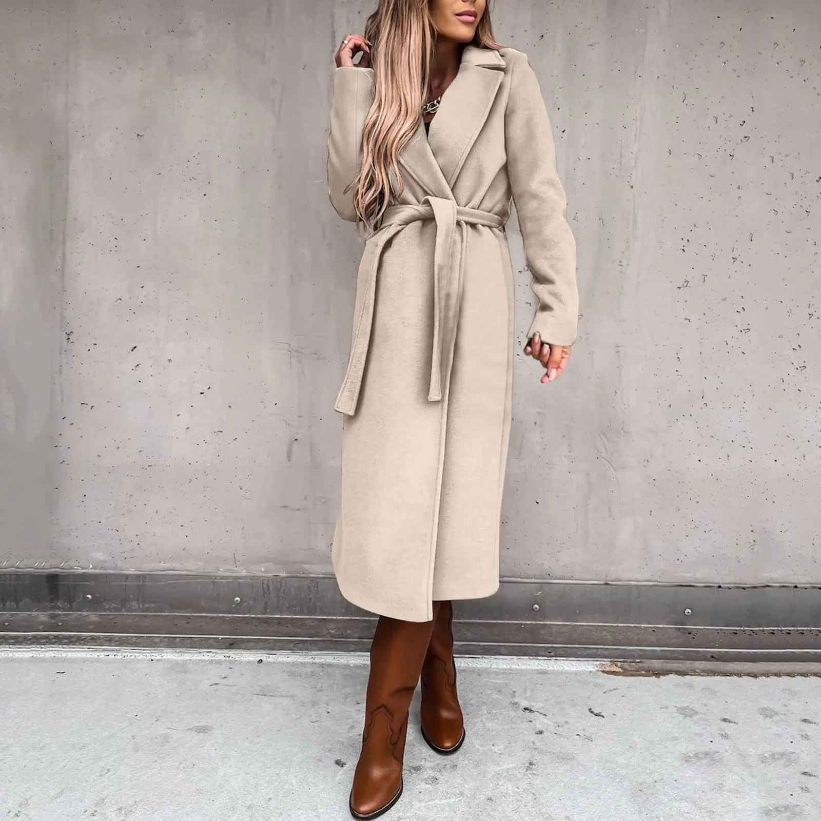 

Women's Solid Woolen Coat With Belt Polo Collar Long Sleeve Simple Strap Jackets Winter Windbreaker For Women Autumn and Winter