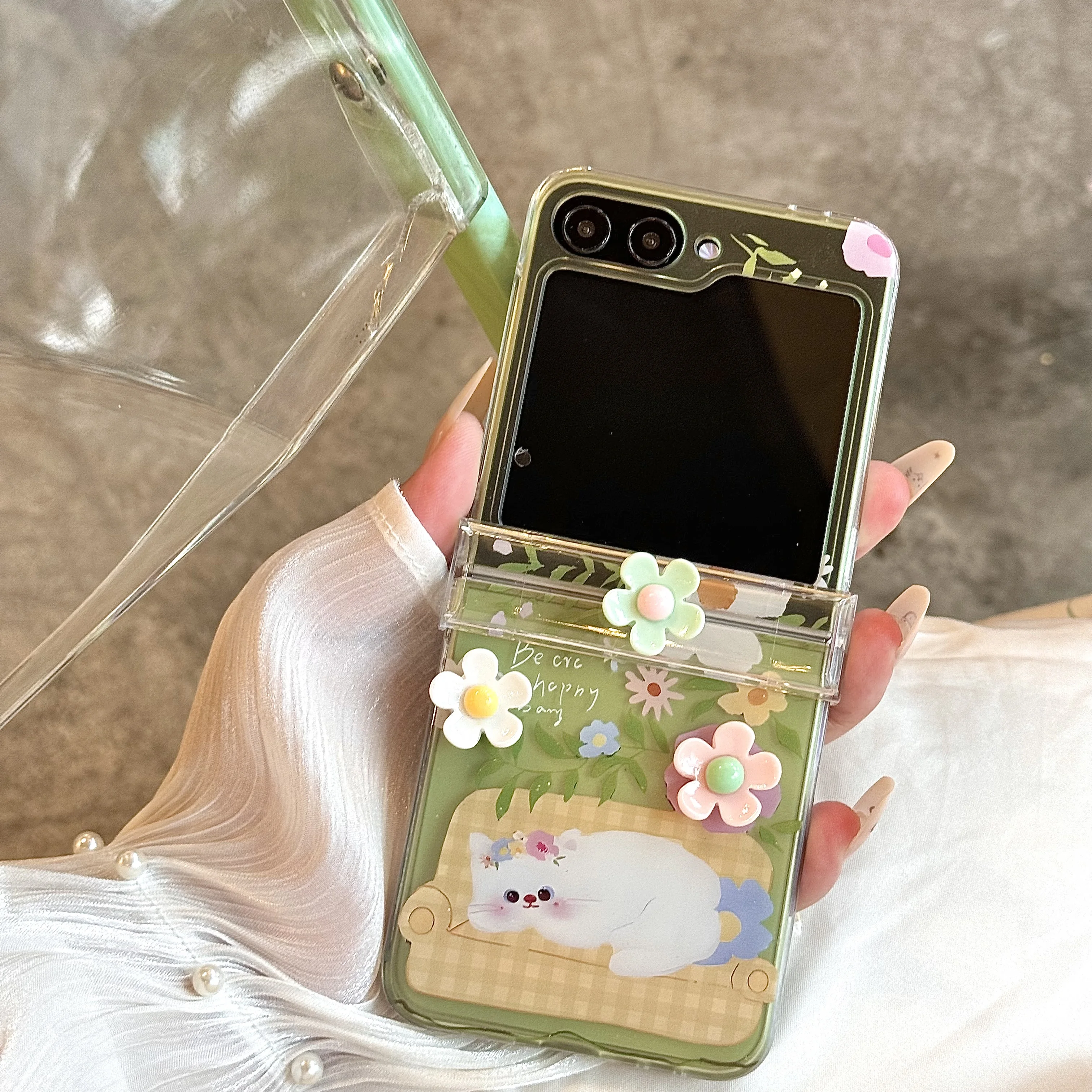 Hinge Protective Phone Case with 3D Flower & Cute Cat Star Wrist Strap