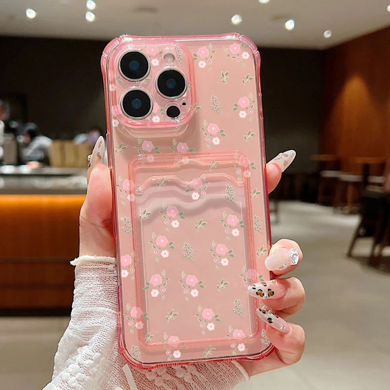 Floral Shockproof Clear TPU Phone Cover with Card Slot Pocket