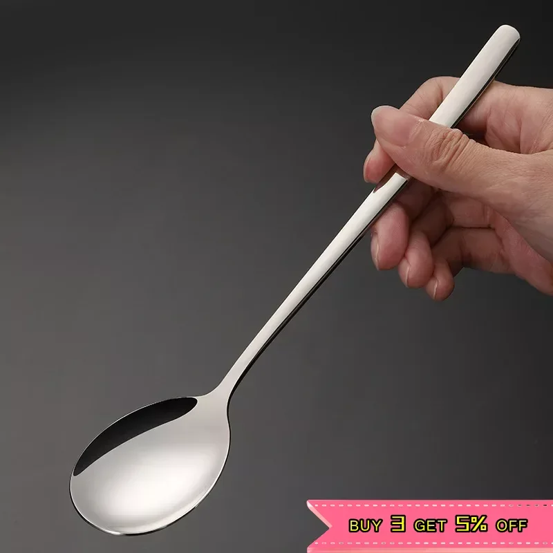 

1Pc Stainless Steel Spoon Korean Long Handle Tableware Thicken Stirring Ice Spoon Meal Spoon Household Dinner Spoon Dessert Fork