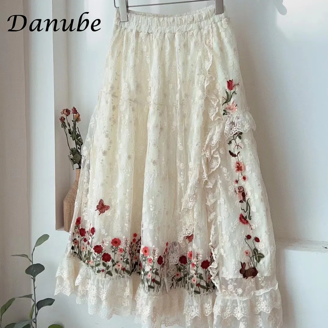 

Vintage Flower Embroidery Lace Ruffled Tulle Skirt for Women Spring Summer High Waist Goth Lolita A-line Tutu Long Skirts Female