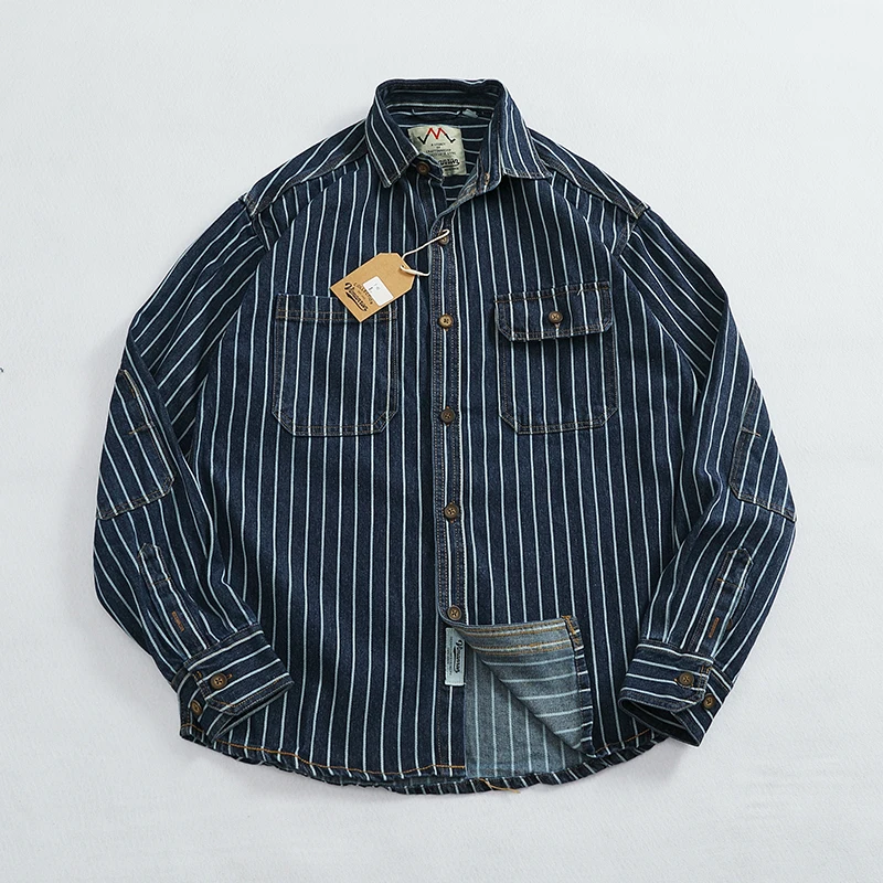 Heavy vertical stripe cargo denim shirt Men do old washed cotton elbow stick cloth lapel long sleeve shirt jacket denim shirt,long sleeved shirt