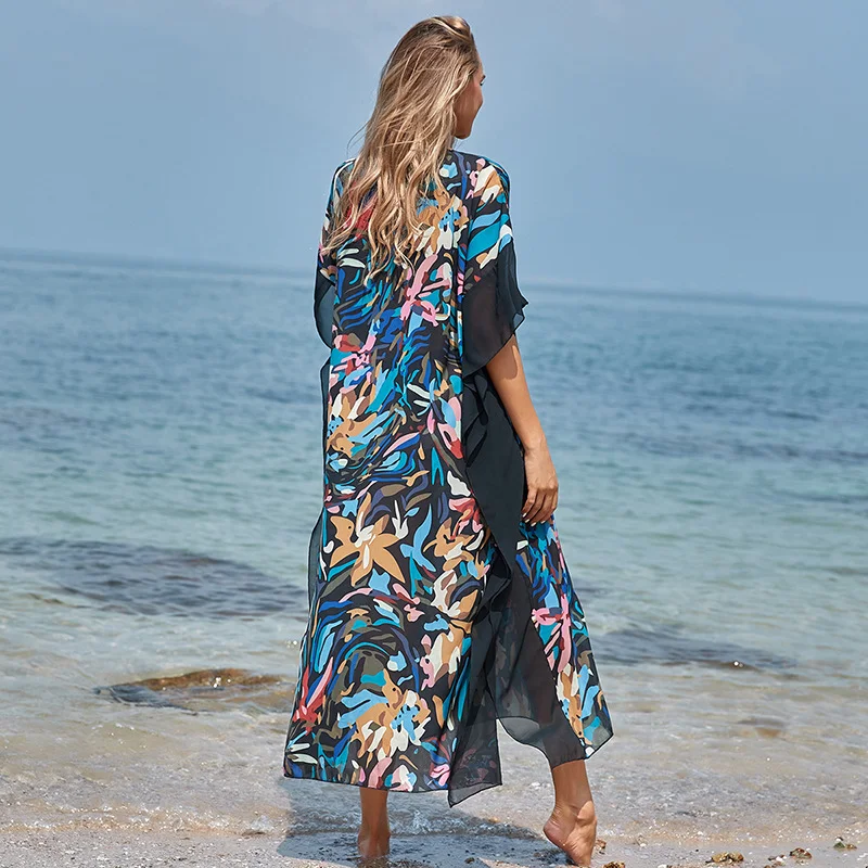 Beach Printing Bikini Cover Up  Clothing Kimono Sexy Transparent Tunics Beach Outfits For Women Summer Vintage Swimsuits