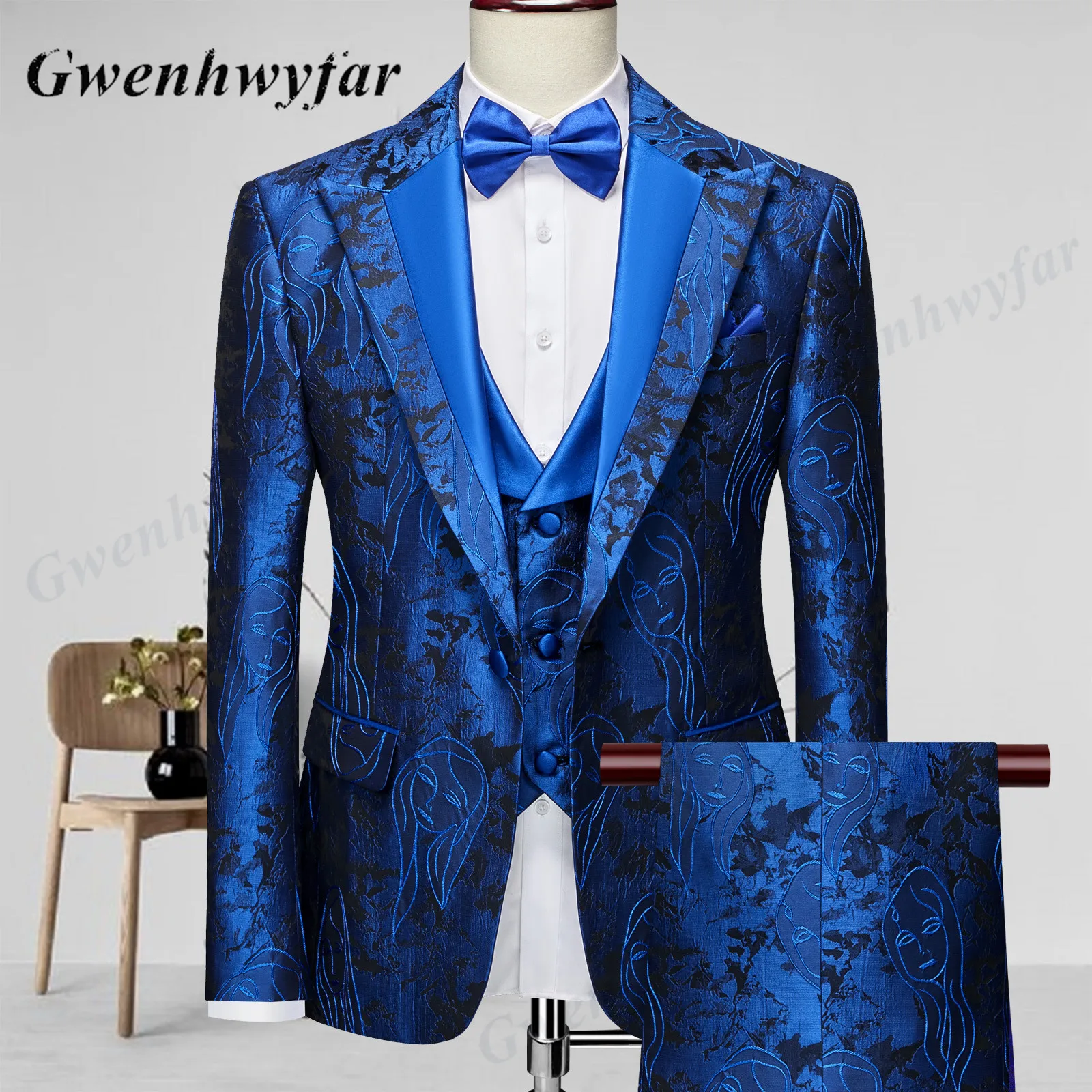 Nina Store Men Jacqaurd Suits Made Royal Blue Beauty Face Pattern Tuxedo for Groom Wedding Wear Fashion Costume