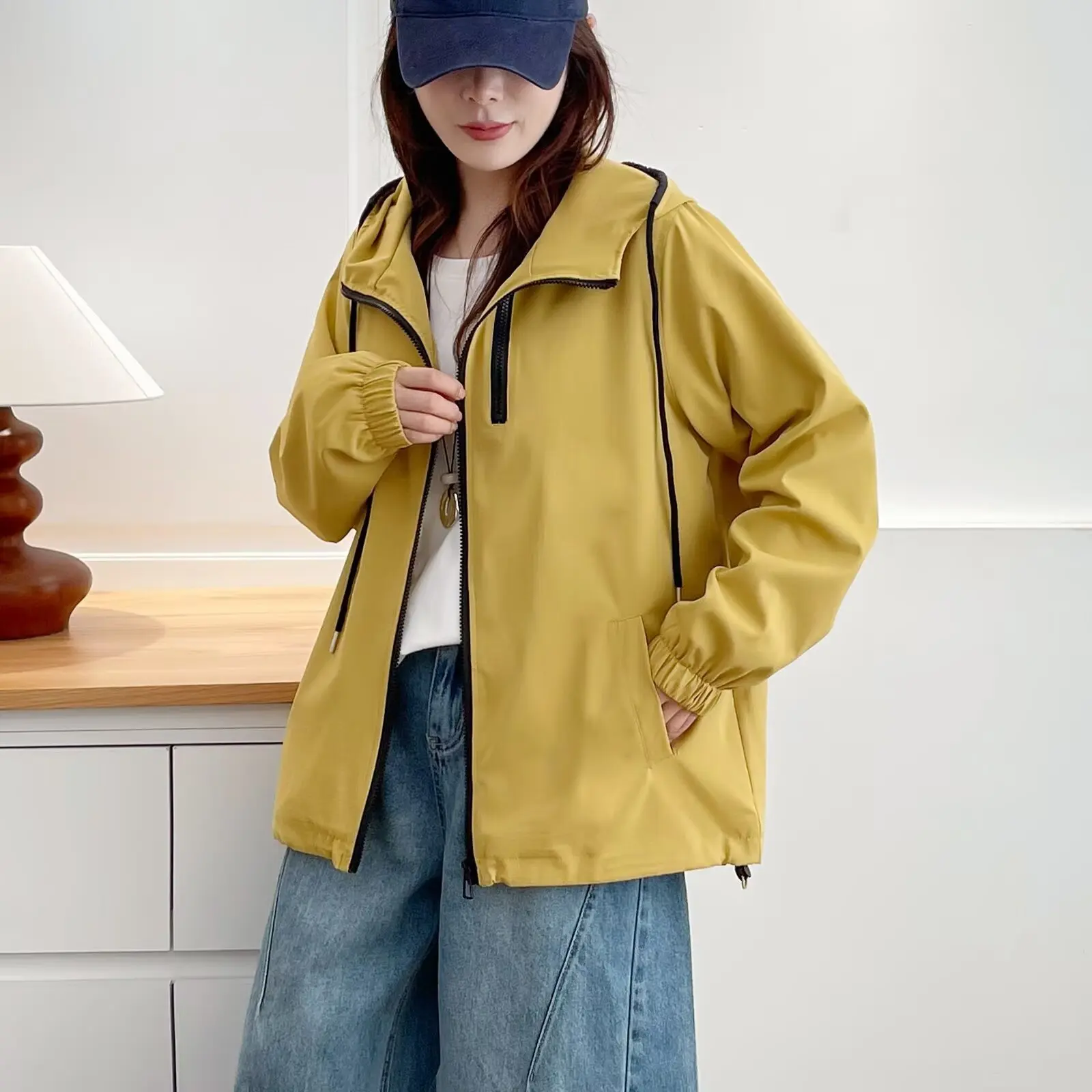 XXXXL Fashion Plus Size Women's Outdoor Jacket 2025 Autumn New Sporty Hooded Contrast Color Zipper Windbreaker Coats