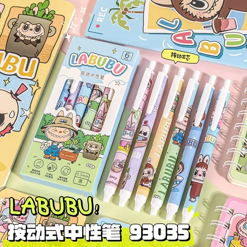 6Pcs Kawaii Cute Labubu Gel Pen Quick-Drying Writing Smooth Pen Cartoon Pressing Neutral Pen School Supplies Stationery 5