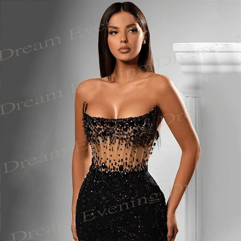 

2024 Sexy Black Mermaid Charming Women's Evening Dresses Strapless Sleeveless Beaded Sequined Prom Gowns Side Split Formal Party