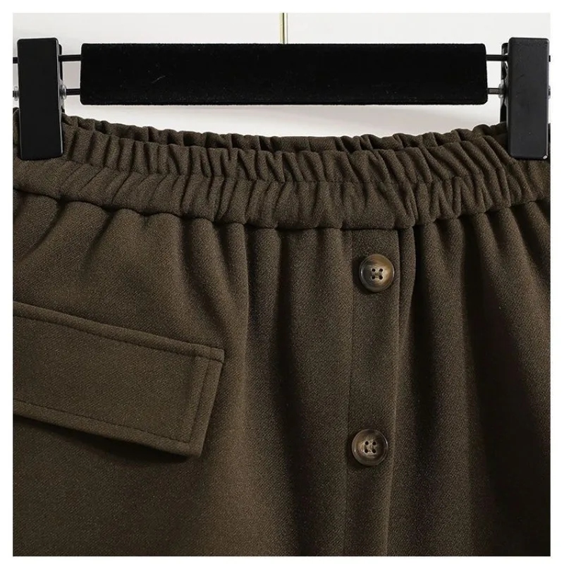 Women's Solid Elastic Waist Plus Size Trouser Skirt Autumn and Winter New Loose High-waist Ruched Button Casual Shorts