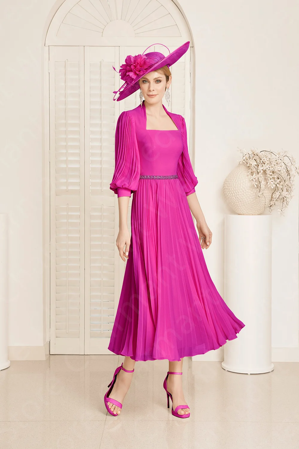 Blush Pink Mother of the Bride Dresses Mid Calf Length Mother Gown 3/4 Sleeves Wedding Party Dress Beaded Belt