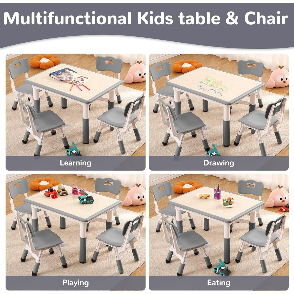 Kids Table and 4 Chairs, Height Adjustable Toddler Table and Chair Set, Graffiti Desktop, Ergonomically Designed Chairs