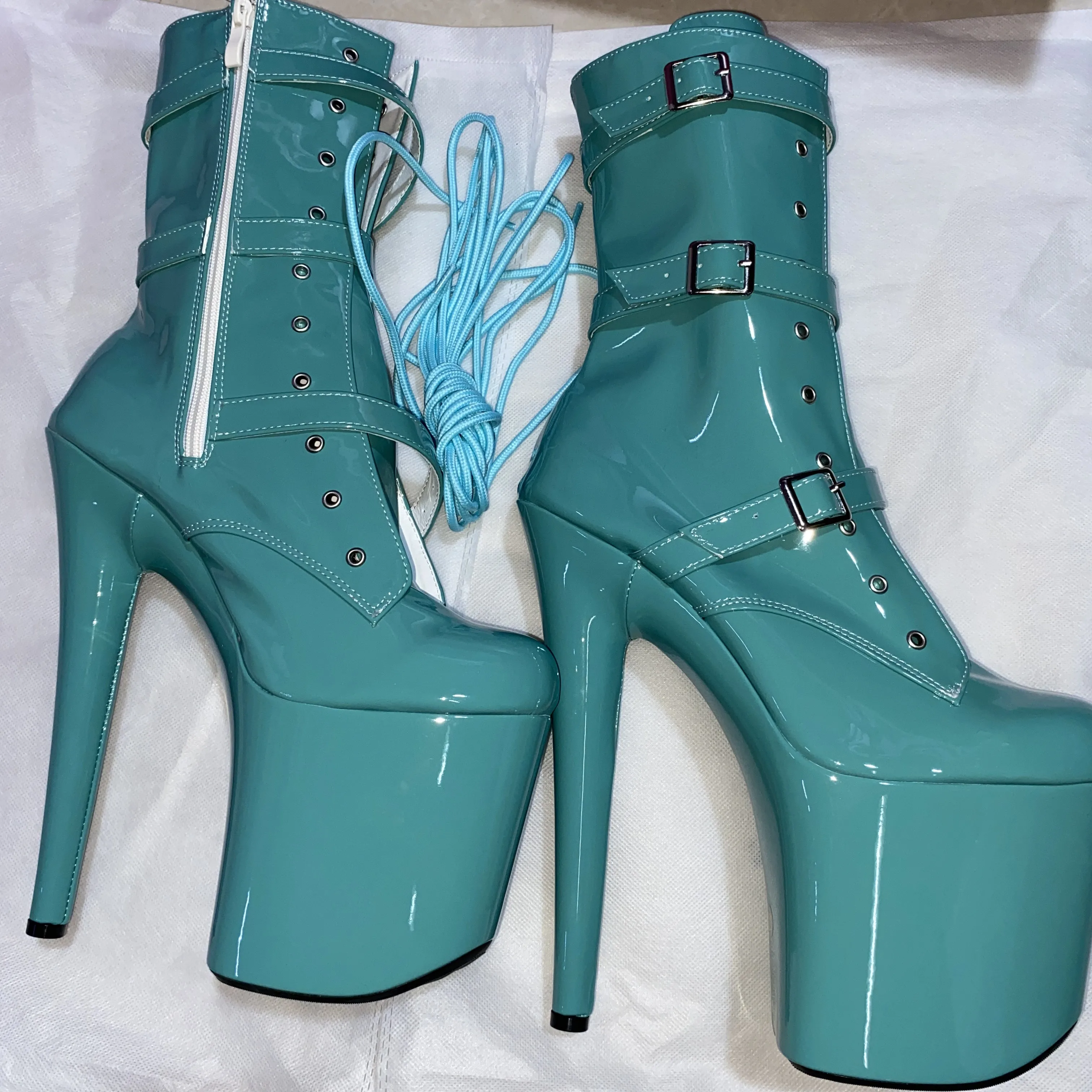 20cm night pole dancing shoes, lace up bright face belt buckle, waterproof platform model runway stage ankle dance shoes