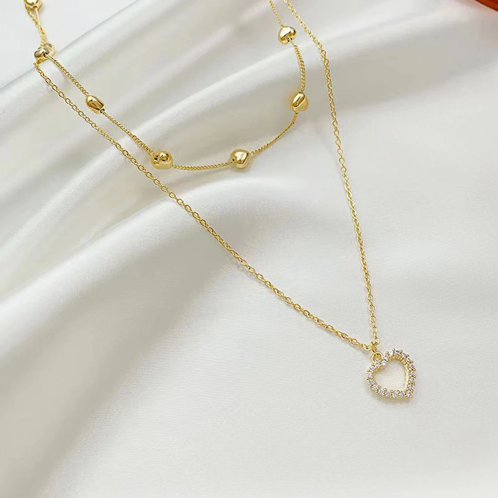 Gold Color Double Layer Heart Necklace Zircon For Women Clavicle Chain Elegant Charm - Image 3