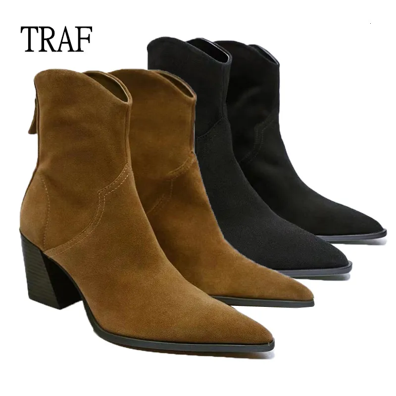 

TRAF 2022 Black Ankle Boots Woman Winter Vintage Chelsea Cowboy Boots Woman Brown Short Leather Boots Women's Heeled Short boot