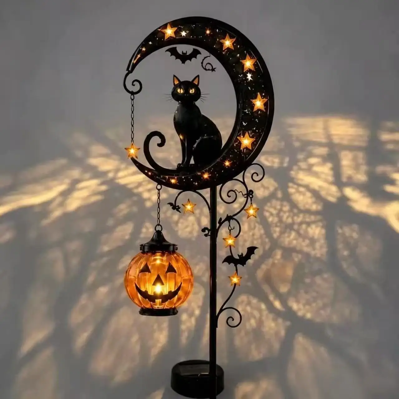 Garden Lamp Decoration Halloween Black Cat & Pumpkin Moon Stake
