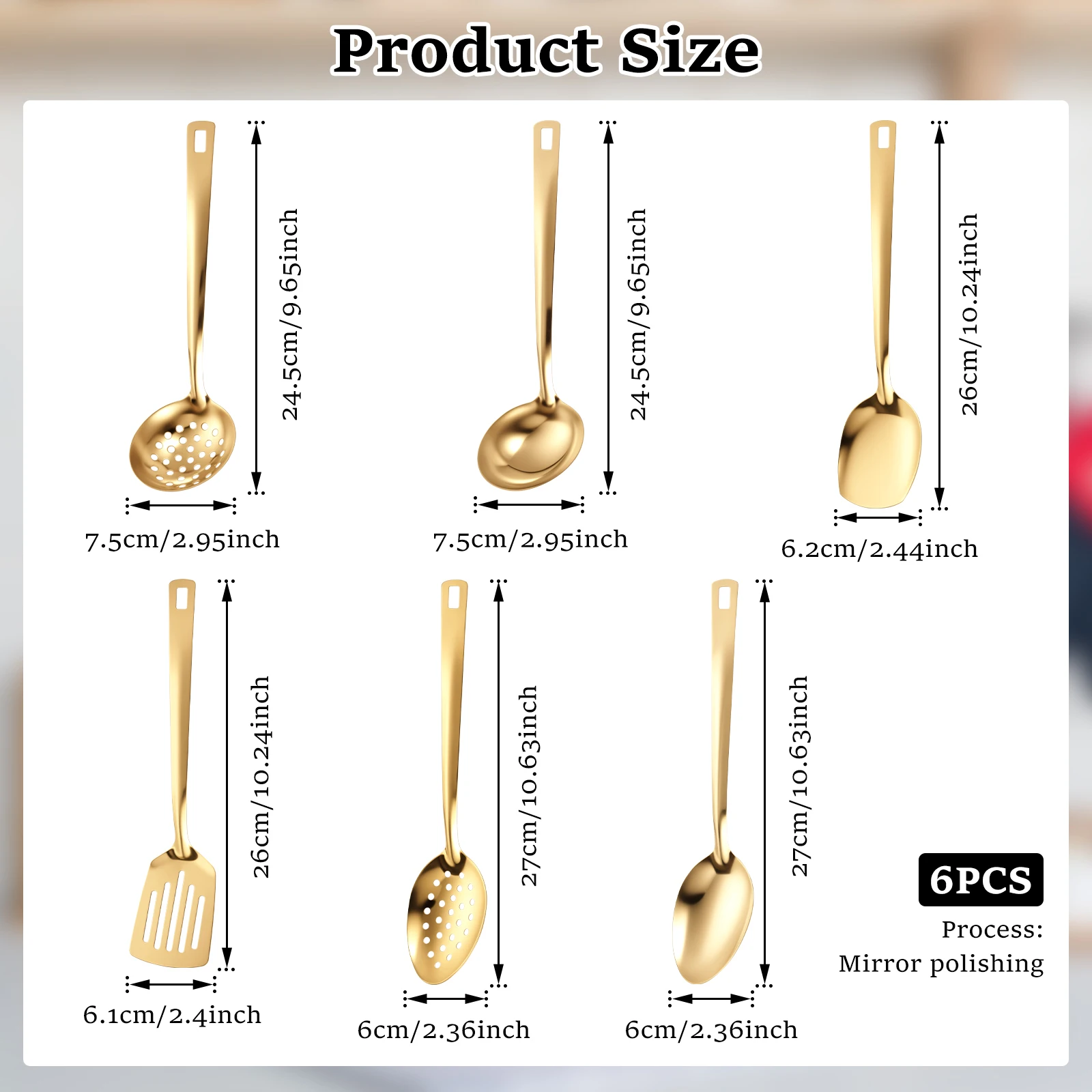 6pcs Kitchen Utensil Set Stainless Steel Spoon and Spatula Set Cooking Utensils Set with Hanging Hole for Nonstick Pans Cookware