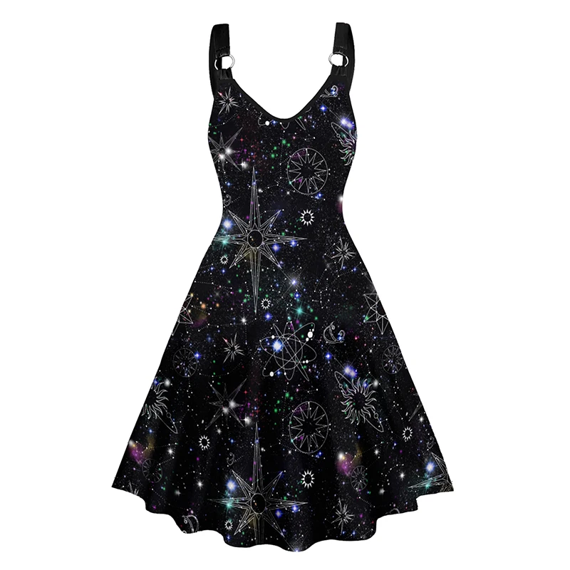 

Women Sleeveless Dresses Allover Galaxy Print Straps Sleeveless Tank Dress O Ring V Neck A Line Dress Mini Dress 2024 New