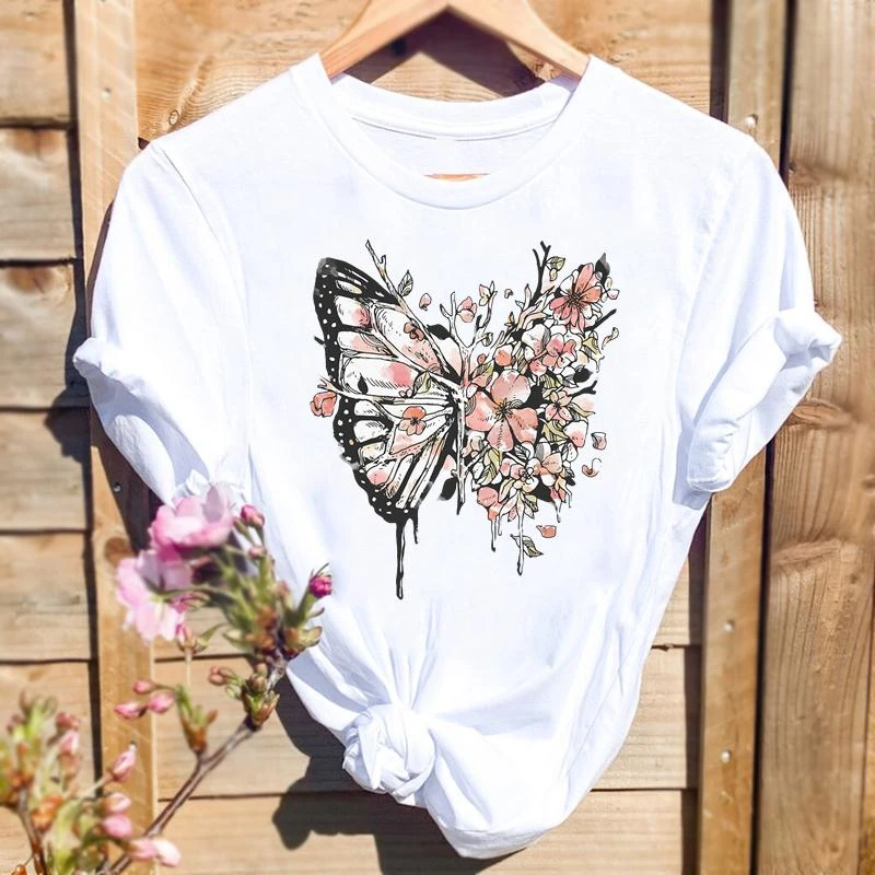 Camiseta con estampado de flores y mariposas para camiseta de manga corta con estampado de acuarela para y verano|Camisetas| - AliExpress