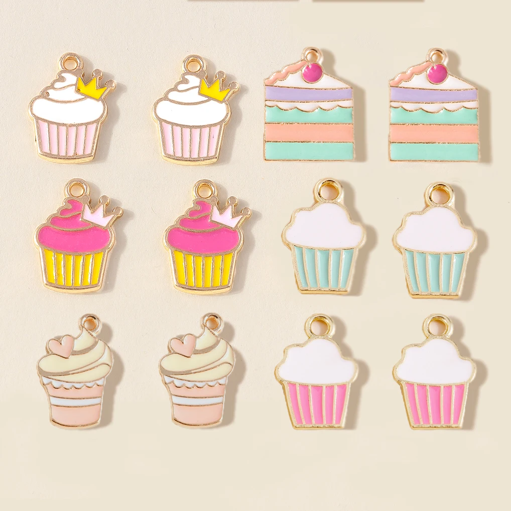 Leslie 10 Stück süße Emaille-Lebensmittel-Charms, süßer Mini-Cup-Kuchen-Anhänger für Armband, handgefertigte Schmuckherstellung