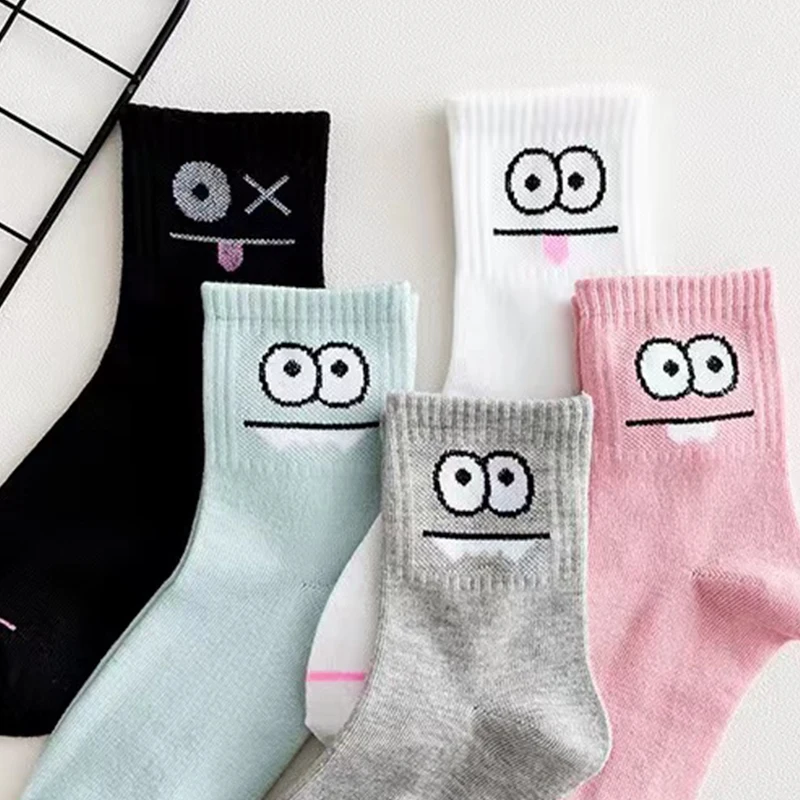 Women Socks Middle Tube Socks Mid Calf Socks Heart Print Socks Cartoon Socks 5 Pairs Cute Expression Print Socks Comfy & Funny All-match Mid Tube Socks