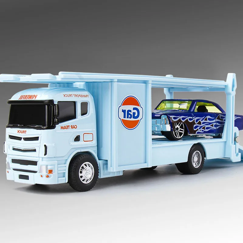 Scale 1:64 Container Alloy Trailer Model Toy Car Diecast Metal Movable Joint Pull Back Rescue Engineering Vehicles Gifts for Kid