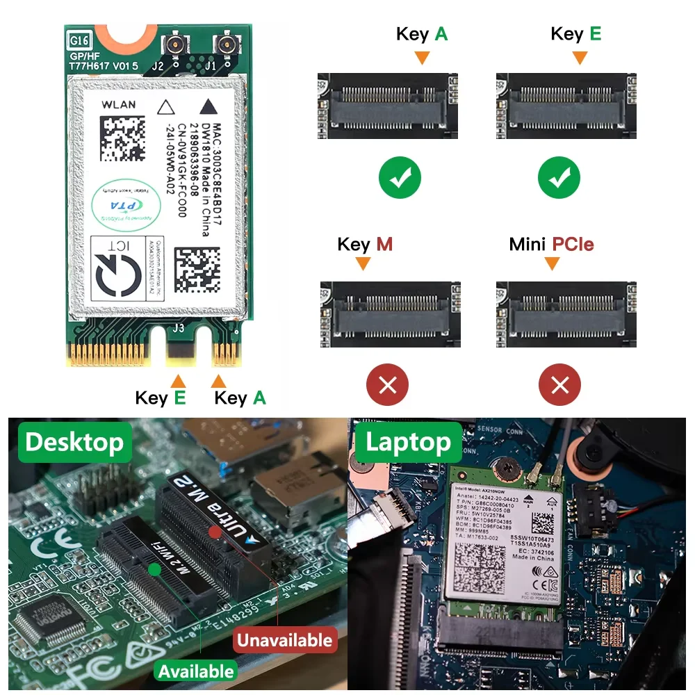 QCA9377 NGFF M2 무선 WiFi 카드 802.11ac 듀얼 밴드 2.4G 5G QCNFA435 노트북용 블루투스 4.1 Windows 10 11 Ultra Fast