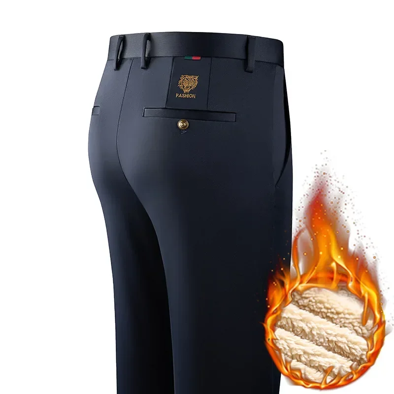 Fit Straight Men's Winter Pants Warm Fleece Thick Classic High Waist Business Casual Pants Youth Trousers 40 5