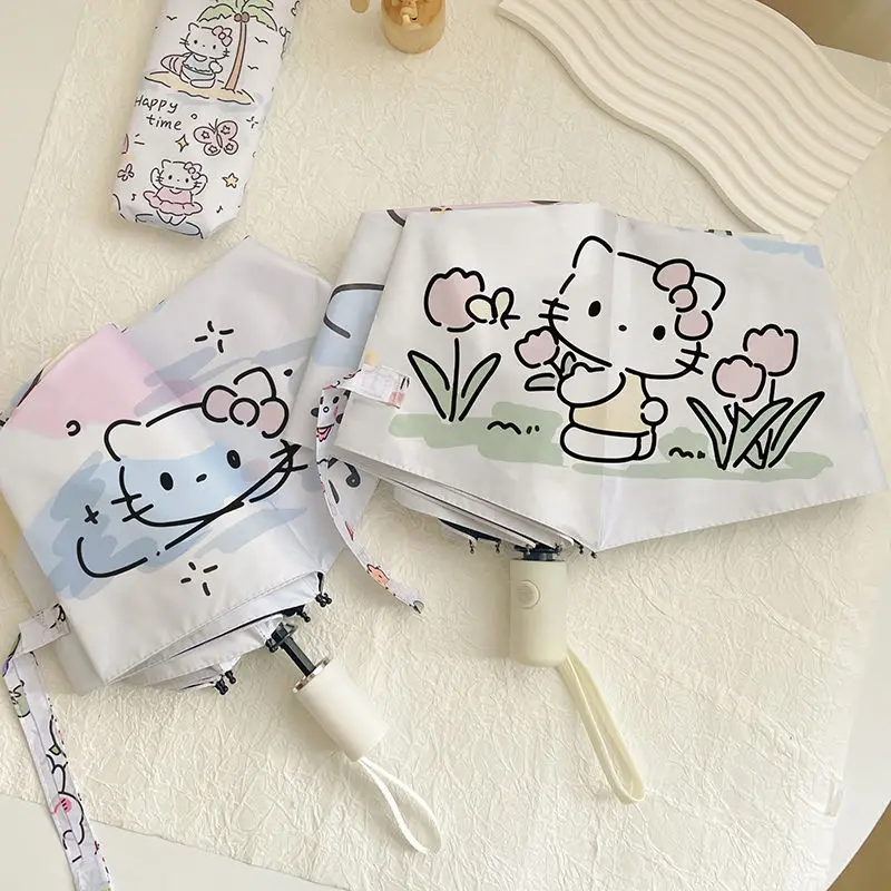 

Kawaii Hello Kitty Umbrella Sanrio Cute Cartoon Anime Sun Umbrella Fold Automatic Sunshade Umbrella Sun Protection Protection