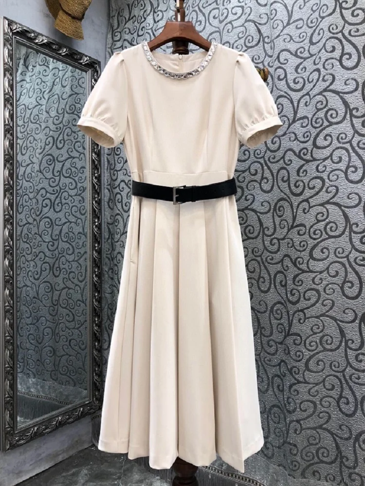 

Top Quality New 2023 Spring Summer Dress Women O-Neck Diamond Beading Belt Deco Short Sleeve A-Line Beige Black Elegant Dress OL