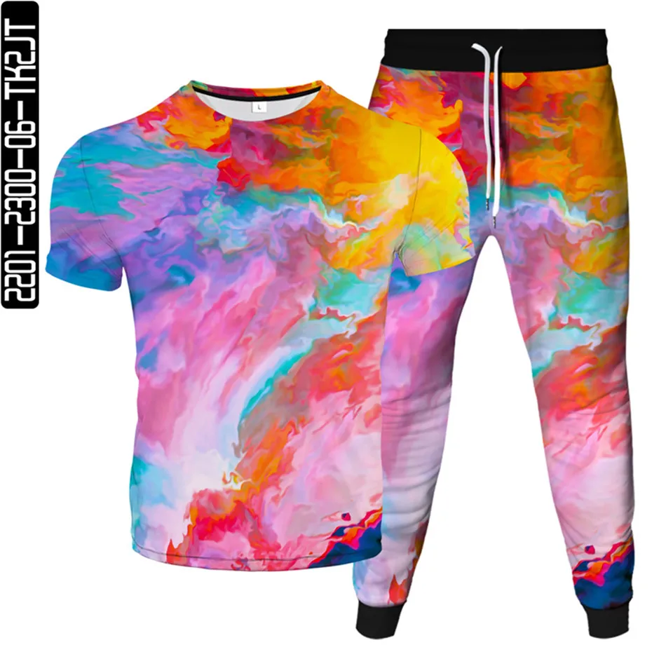 

Multicolor Paint Dripping 3D Printed Men's Sportswear Homme Tracksuit T-Shirt+Jogger Pants 2Pcs/Set Clothing Suit Male Plus Size