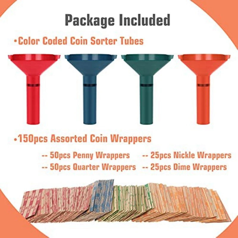 Coin Sorter With Coin Wrappers With 150Pcs Rolls Wrappers Assorted Counter Tubes Plastic For All Coins