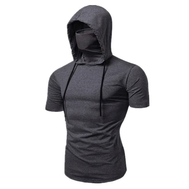 Mens Gym Thin Hoodie Short Sleeve Hoodies With Mask Sweatshirt Casual Splice Large Mask Hoodie Sweatshirt Hooded Tops Cycling 2