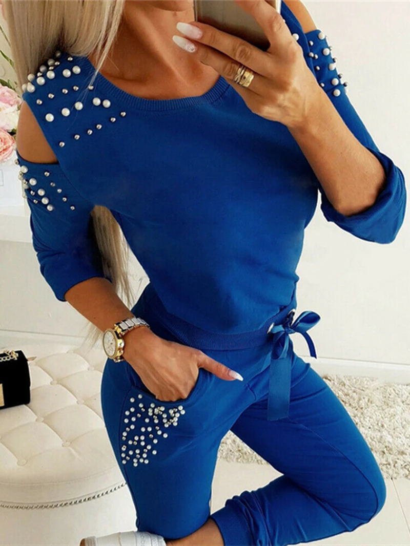 

Женский спортивный костюм, комплект из двух предметов, верх с длинным рукавом на плече и брюки-джоггеры, Женский Повседневный костюм, одежда для отдыха